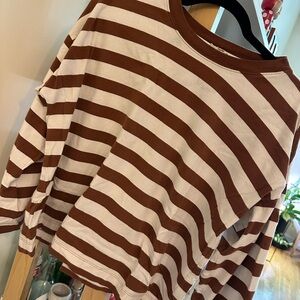 Madewell Brown and White Oversized Striped Crew Long Sleeve Top